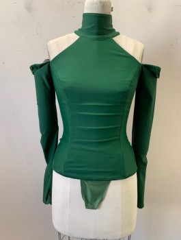 N/L MTO, Forest Green, Lycra, Solid, L/S, Stand Collar With Cold Shoulders, Crotch Strap Added (Like A Body Suit), Boned Structure, CB Zipper, Made To Order