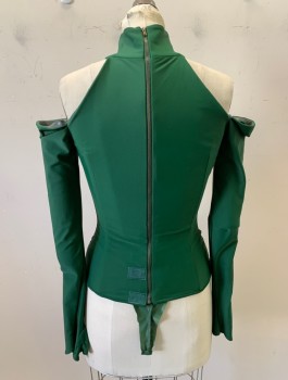 Womens, Sci-Fi/Fantasy Top, N/L MTO, Forest Green, Lycra, Solid, S, B:32-4, L/S, Stand Collar With Cold Shoulders, Crotch Strap Added (Like A Body Suit), Boned Structure, CB Zipper, Made To Order