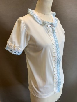 Womens, Sleepwear, BERKLEIGH JUNIORS, Off White, Nylon, Solid, S, B <36", Top/Shirt, Light Blue Eyelet Trim with Scallopped Edges, S/S, Button Front, Peter Pan Collar