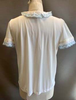 Womens, Sleepwear, BERKLEIGH JUNIORS, Off White, Nylon, Solid, S, B <36", Top/Shirt, Light Blue Eyelet Trim with Scallopped Edges, S/S, Button Front, Peter Pan Collar