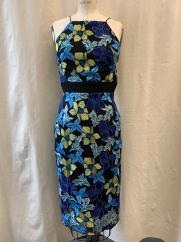 TOPSHOP, Black, Blue, Lt Blue, Green, Polyester, Floral, Square Neckline, Spaghetti Straps, Black Waist Band, Embroidered Flora Pattern on Mesh Over Lay, Side Zip, Open Back