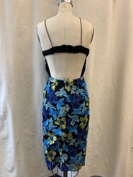 TOPSHOP, Black, Blue, Lt Blue, Green, Polyester, Floral, Square Neckline, Spaghetti Straps, Black Waist Band, Embroidered Flora Pattern on Mesh Over Lay, Side Zip, Open Back