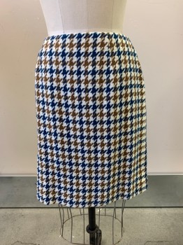Womens, 1970s Vintage, Suit, Skirt, Amanda Smith, White, Brown, Teal Blue, Acrylic, Nylon, Houndstooth, 8p, Skirt, Straight Fit, Back Zipper,