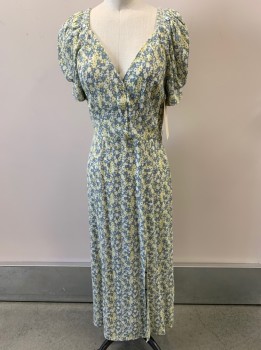 Womens, Dress, Short Sleeve, & OTHER STORIES, Gray, Sage Green, Multi-color, Viscose, Floral, B 34, 2, W 26, V-N, Side Zipper, Side Slit, White Accents,
