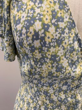 Womens, Dress, Short Sleeve, & OTHER STORIES, Gray, Sage Green, Multi-color, Viscose, Floral, B 34, 2, W 26, V-N, Side Zipper, Side Slit, White Accents,