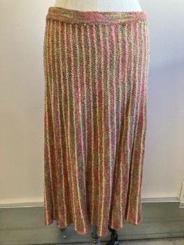 Womens, 1980s Vintage, Skirt, NL, 28-30, Khaki with Pink Lt Brown & Seafoam Heathered Stripe Knit, Elastic Wasit, Below Knee Length