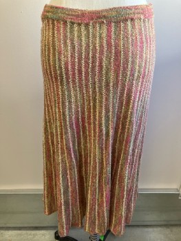 NL, Khaki with Pink Lt Brown & Seafoam Heathered Stripe Knit, Elastic Wasit, Below Knee Length