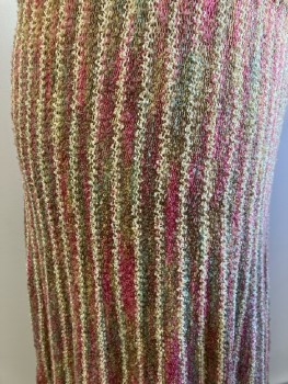 Womens, 1980s Vintage, Skirt, NL, 28-30, Khaki with Pink Lt Brown & Seafoam Heathered Stripe Knit, Elastic Wasit, Below Knee Length