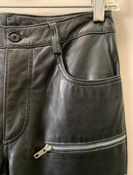 Womens, Leather Pants, INTERMIX, Black, Leather, Solid, W25, F.F, 3 Pockets, 2 Zip Pockets, 2 Flap Pockets 2 Back Pockets, Zipper Cuffs