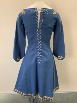 FRANK HELMER, French Blue, Gold, Off White, Wool, Cotton, Solid, Brocade, Long Sleeves With Slit, V Neck, Under Shirt Attached, 3 Buttons, Gold Embroiderred Detail And Bottom Trim, Back Lace Up, Flared Skirt, Vertical Seams