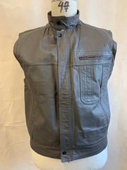MARK ASTRO, Dk Gray, Leather, Solid, Band Collar, Zip Front, Snap Front, 3 Pockets, Elastic Waistband, Aged/Distressed,