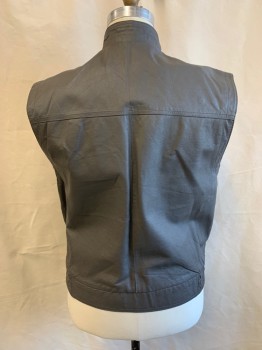 Mens, Vest, MARK ASTRO, Dk Gray, Leather, Solid, 46, Band Collar, Zip Front, Snap Front, 3 Pockets, Elastic Waistband, Aged/Distressed,