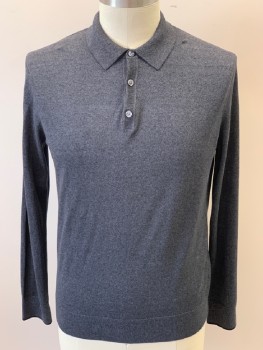 Mens, Pullover Sweater, BANANA REPUBLIC, Charcoal Gray, Black, Silk, Cotton, Heathered, L, C.A., 3 Button Front with Placket, L/S, Black Border On Sleeves