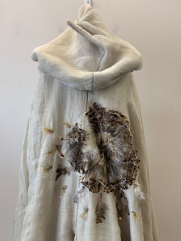 Womens, Sci-Fi/Fantasy Cape, NO LABEL, Lt Beige, Gray, Brown, Cotton, Feathers, Ombre, 2, Wrap Around Cape With Hood, Front And Back Slit, Feather Detail, Aged And Distressed, Made To Order