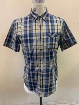 Mens, Casual Shirt, ECKO UNLTD., Gray, Navy Blue, Yellow, Dk Blue, Cotton, Polyester, Plaid, M, Collar Attached, Button Front, Short Sleeves, 1 Pocket