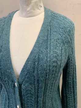 Womens, Sweater, NL, Teal Green, Acrylic, Mohair, Heathered, B40, Cardigan, L/S, Button Front, 4 Silver Metal + Ivory Suede Buttons, Crochet Knit