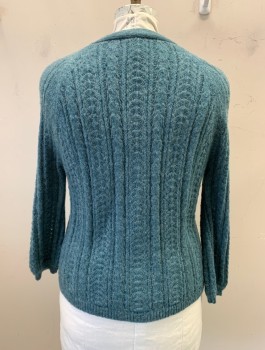 Womens, Sweater, NL, Teal Green, Acrylic, Mohair, Heathered, B40, Cardigan, L/S, Button Front, 4 Silver Metal + Ivory Suede Buttons, Crochet Knit