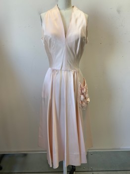 Womens, Evening Gown, Mr. Mort, Blush Pink, Silk, Solid, W24, B34, Sleeveless, V Neck, Pleated Bottom, Side Pocket with Flower and Diamond Detail, Missing Diamond Studs and Minor Stains, Back Zipper,