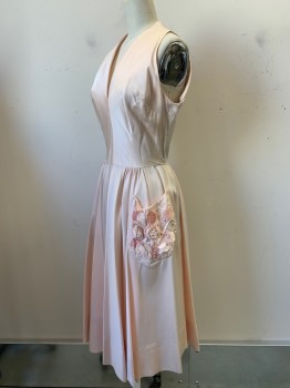 Womens, Evening Gown, Mr. Mort, Blush Pink, Silk, Solid, W24, B34, Sleeveless, V Neck, Pleated Bottom, Side Pocket with Flower and Diamond Detail, Missing Diamond Studs and Minor Stains, Back Zipper,