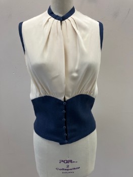 Womens, 1940s Vintage, Piece 1, N/L, Cream, Navy Blue, Silk, Cotton, Solid, W24, B34, Slvs,with Band Collar,