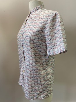 NO LABEL, Off White, Pink, Ice Blue, Lavender Purple, Polyester, Geometric, Collar Band, Button Front, S/S, Chest Pocket