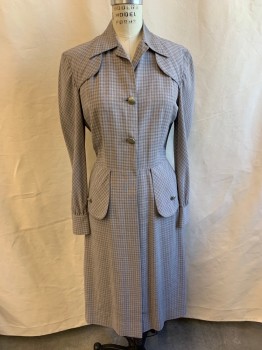 MANFORD, Lt Gray, Gray, Red, Wool, Check , Squares, Light Gray and Gray Check Plaid with Red Large Dotted Squares, Collar Attached, Long Sleeves, 3 Metal Buttons Down Front, 2 Buttons on Hips, 1 Button on Cuff, 7 Buttons Down Skirt, 1 Snap at Waist, 2 Metal Buttons on Back Hem