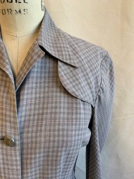 MANFORD, Lt Gray, Gray, Red, Wool, Check , Squares, Light Gray and Gray Check Plaid with Red Large Dotted Squares, Collar Attached, Long Sleeves, 3 Metal Buttons Down Front, 2 Buttons on Hips, 1 Button on Cuff, 7 Buttons Down Skirt, 1 Snap at Waist, 2 Metal Buttons on Back Hem