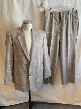 GILBERTO, Khaki Brown, White, Brown, Gray, White, Wool, Plaid, Notched Lapel, Single Breasted, Button Front, Missing 1st Button, 3 Pockets, Single Back Vent