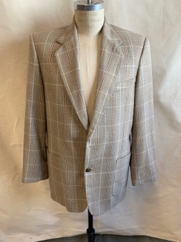 GILBERTO, Khaki Brown, White, Brown, Gray, White, Wool, Plaid, Notched Lapel, Single Breasted, Button Front, Missing 1st Button, 3 Pockets, Single Back Vent