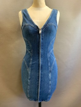 Womens, Dress, Sleeveless, GUESS, Denim Blue, Cotton, Polyester, Solid, S, Stretchy Denim, Exposed Zipper at Front, V-neck, 1.5" Wide Straps, Mini Dress, Fitted/Clingy, Tan Top Stitching, Curved Seams Along Sides