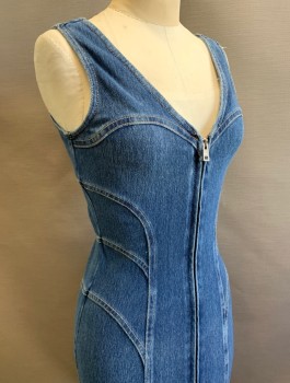 Womens, Dress, Sleeveless, GUESS, Denim Blue, Cotton, Polyester, Solid, S, Stretchy Denim, Exposed Zipper at Front, V-neck, 1.5" Wide Straps, Mini Dress, Fitted/Clingy, Tan Top Stitching, Curved Seams Along Sides