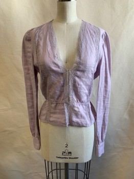 Womens, Top, REFORMATION, Lilac Purple, Linen, XS, V-N, Lace Trim, L/S, Gathered at Waist