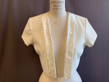 Womens, Dress, Piece 1, JR NITES, Eggshell White, Polyester, Solid, 10, Evening, Cropped Jacket, Open Front, Satin Square Lapel with Clear Stripe Beading, Short Sleeves,