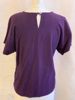 PASTORALE, Aubergine Purple, Cotton, Elastane, Solid, Round Neck, Dolman Short Sleeve, Full Body, Slit & Button Closure In Back, Side Slits