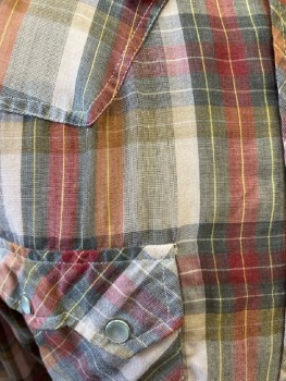 Mens, Western Shirt, NATIONAL SHIRT, 15.5, M, 34, Brown Taupe Red Orange Yellow Plaid, Polyester, Snap Front, L/S, C.A., 2 Snap Flap Pkts