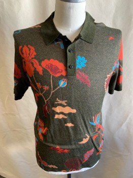 SCOTCH AND SODA, Dk Umber Brn, Multi-color, Viscose, Polyester, Novelty Pattern, S/S, 3 Buttons, Surrealist Pattern, Black Plastic Buttons