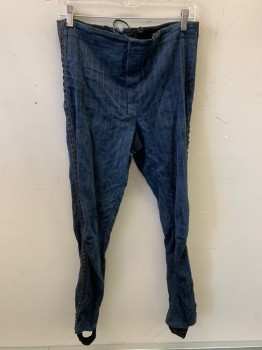 Mens, Historical Fiction Pants, MTO, Navy Blue, Silver, Suede, 30.25, 30-32/, SUIT of ARMOR: Pants:Navy with Silver Embroidered Stripes, Velcro Fly, Rubber Chain Mail Side Seam Hem, Elastic Stirrups, Lace Up Center Back Waist, Suspender Buttons, Crotch Gusset