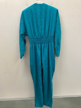 Womens, Jumpsuit, JOAN WALTERS, W:27, M, Turquoise Nylon, Surplice V-N, Shoulder Pads, Dolman L/S, Wide Quilted Insert Waistband asymmetrical 3 Button Closure Front, Elastic Waistband Back, Triple Pleated Pant Zip Front, Tapered