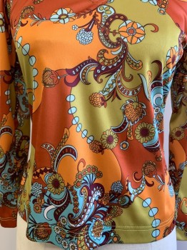 NO LABEL, Rust Orange, Orange, Baby Blue, Wine Red, Moss Green, Polyester, Paisley/Swirls, L/S, V Neck, Made To Order,