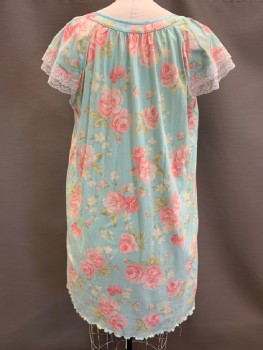 Womens, Nightgown, CHARTER CLUB, Mint Green, Pink, Lt Green, White, Cotton, Floral, 2XL, Cap Sleeves With Double Layered Lace Trim, Scoop Neck, Keyhole