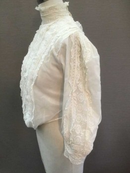 THE MAGNET BRAND, White, Lace, Netting, Solid, Sheer Net and Lace, with White China Silk Underlayer, 3/4 Sleeve, High Neck with Sheer Lace Stand Collar, Buttons In Back, Vertical Lace Ruffle Stripes At Center Front, Lace Outseam On Sleeves, Pigeon Front Shape,