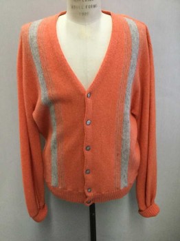 Mens, Sweater, A TOMMY BOLT ORIGINL, Orange, Oatmeal Brown, Alpaca, Stripes - Vertical , Solid, Cardigan, Oatmeal Vertical Columns/Stripes At Front, V Neck, 6 Buttons,