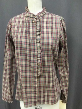 HUNTER S RUN, Tan Brown, Green, Wine Red, Blue, Cotton, Plaid, Round Neck W/ruffle Trim & Front Center, Button Front, Long Sleeves,