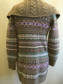 Childrens, Cardigan Sweater, RALPH LAUREN, Brown, Pink, Teal Green, Purple, Lavender Purple, Wool, Cashmere, Fair Isle, 12/14, L, B.F., Oversize Cable Knit Collar, L/S, 2 Flap Pockets, Long