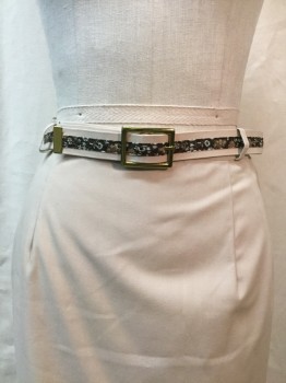 Womens, Skirt, Below Knee, NO LABEL, Beige, Cotton, Synthetic, Solid, 27, Pencil Skirt, Knee Length, 1960's**2 Piece with Matching Belt, Beige With Dark Brown/ Brown/ White Floral Print Trim with Gold Hardware