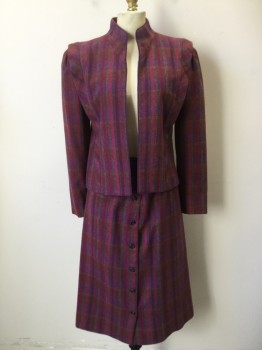 PATTY WOODARD, Magenta Purple, Purple, Dijon Yellow, Wool, Plaid, Open Front, L/S, Stand Collar, Vertical Pleat at Shoulder, Pleated Sleeve at Inset, Braided Purple Piping