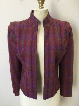 PATTY WOODARD, Magenta Purple, Purple, Dijon Yellow, Wool, Plaid, Open Front, L/S, Stand Collar, Vertical Pleat at Shoulder, Pleated Sleeve at Inset, Braided Purple Piping