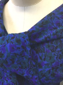 N/L, Violet Purple, Purple, Dk Blue, Black, Cotton, Floral, Violet with Purple, Dark Blue and Black Floral Pattern, 3/4 Sleeves, Cowl/Folded Bateau/Boat Neck, with Self Knot/Ties at Center Front, Gathered at Waist, Side Zipper, Knee Length, **2 Pieces, with Matching Self Fabric Structured Belt ***Worn/Frayed at Right Cuff, Belt is Split in Several Spots.