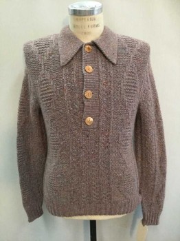 ROBSCOT, Mauve Pink, Wool, Polyester, Heathered, Cable Knit, Long Sleeves, 4 Button Placket, Collar