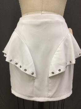 Womens, Skirt, Mini, FOREIGN EXCHANGE, White, Silver, Polyester, Solid, M, Zip Back, Hip Ruffle, with Grommets For Decoration, Lined